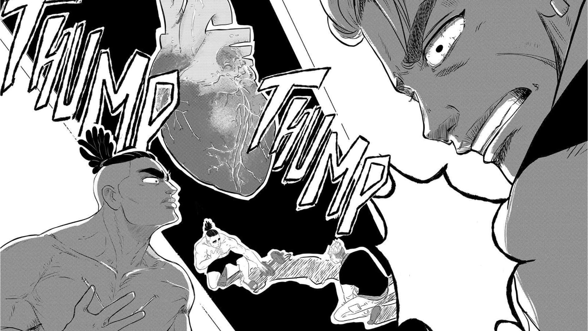 Manga artwork with two main male characters exercising. Text reads 'thump' thump'