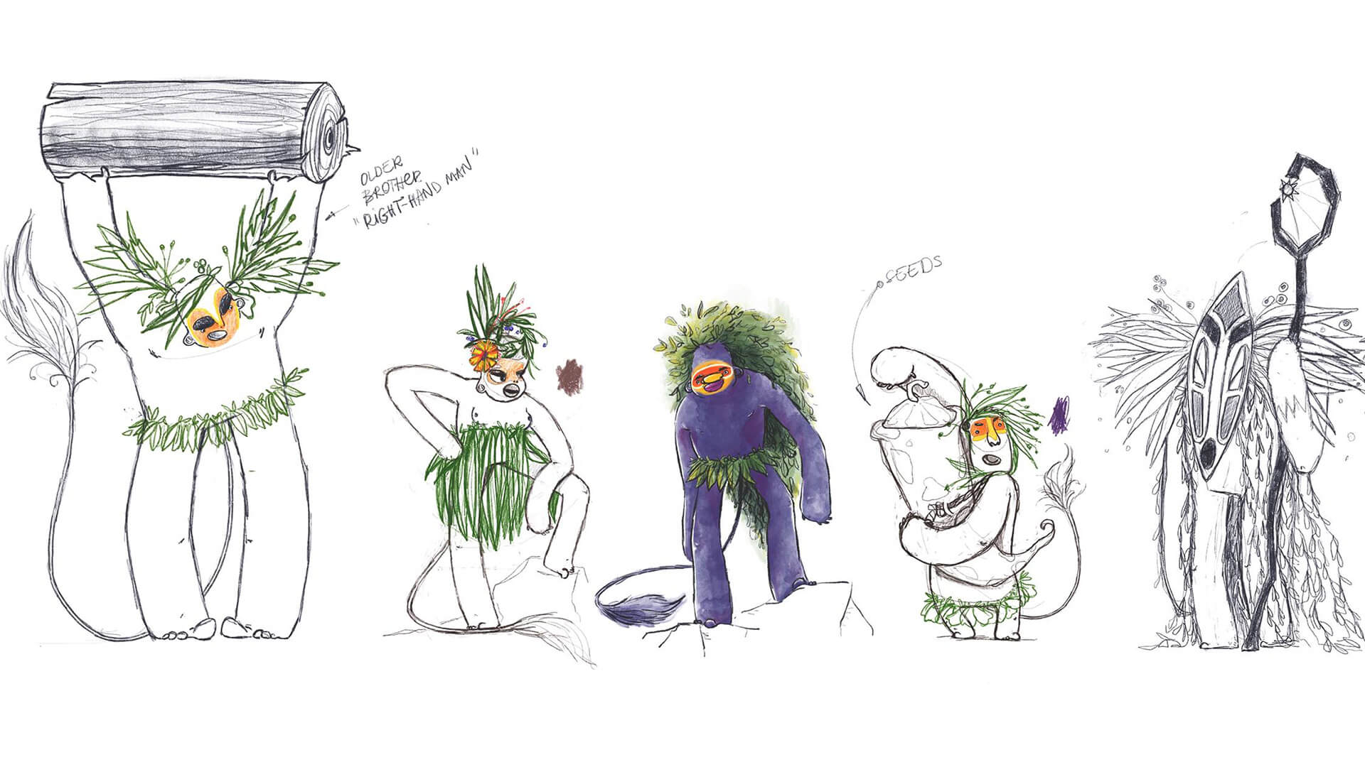 Sketches of five whimsical, plant-adorned creatures with various features, including masks, leaf outfits, and a log.