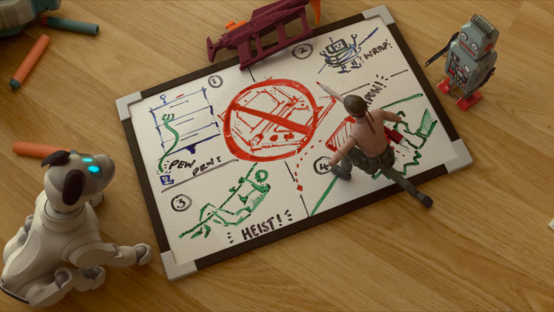 Student animation and vfx project showing toys coming to life stood over a whiteboard planning a heist.