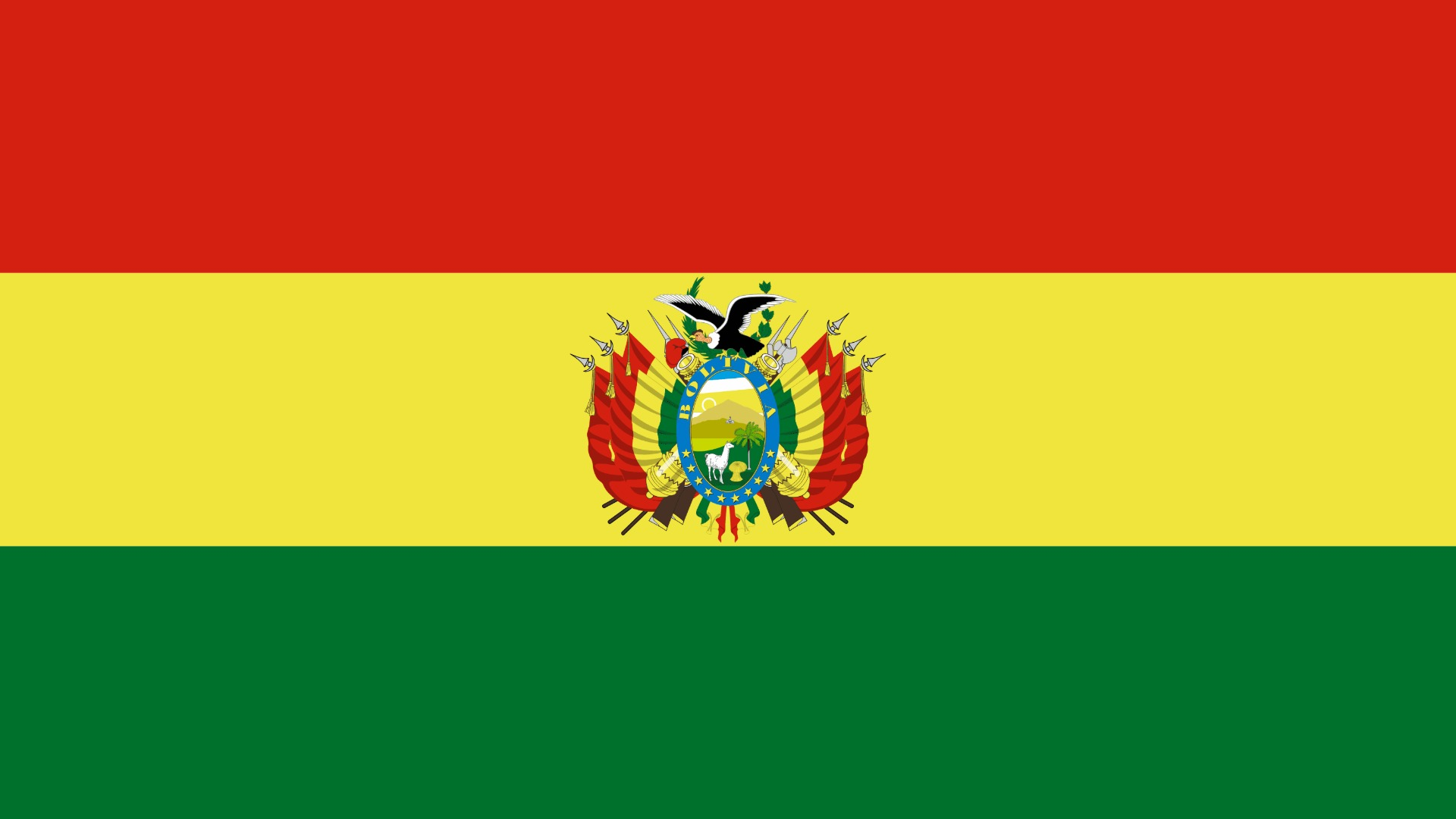 Flag of Bolivia with red, yellow, and green horizontal stripes and a central emblem featuring a coat of arms.