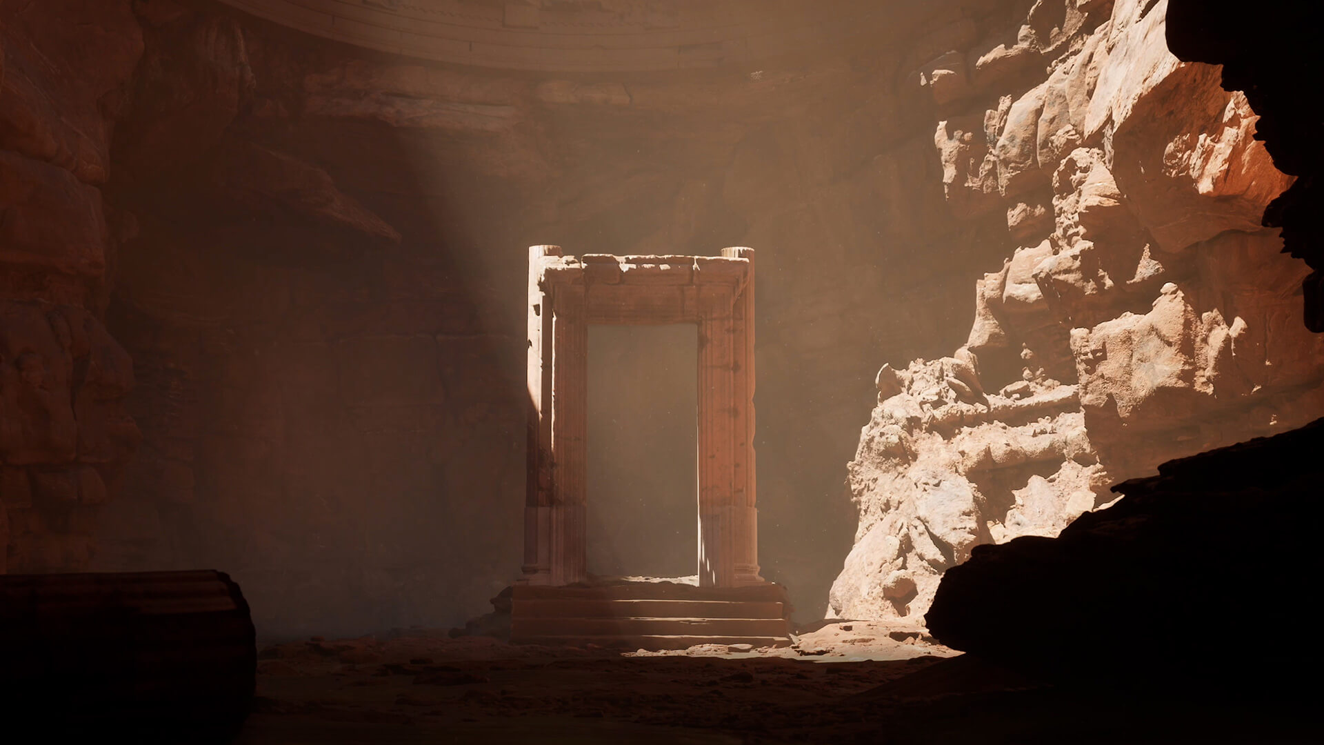 Sunlight illuminates an ancient stone doorway in a rocky cave, casting dramatic shadows on the textured cliff walls.