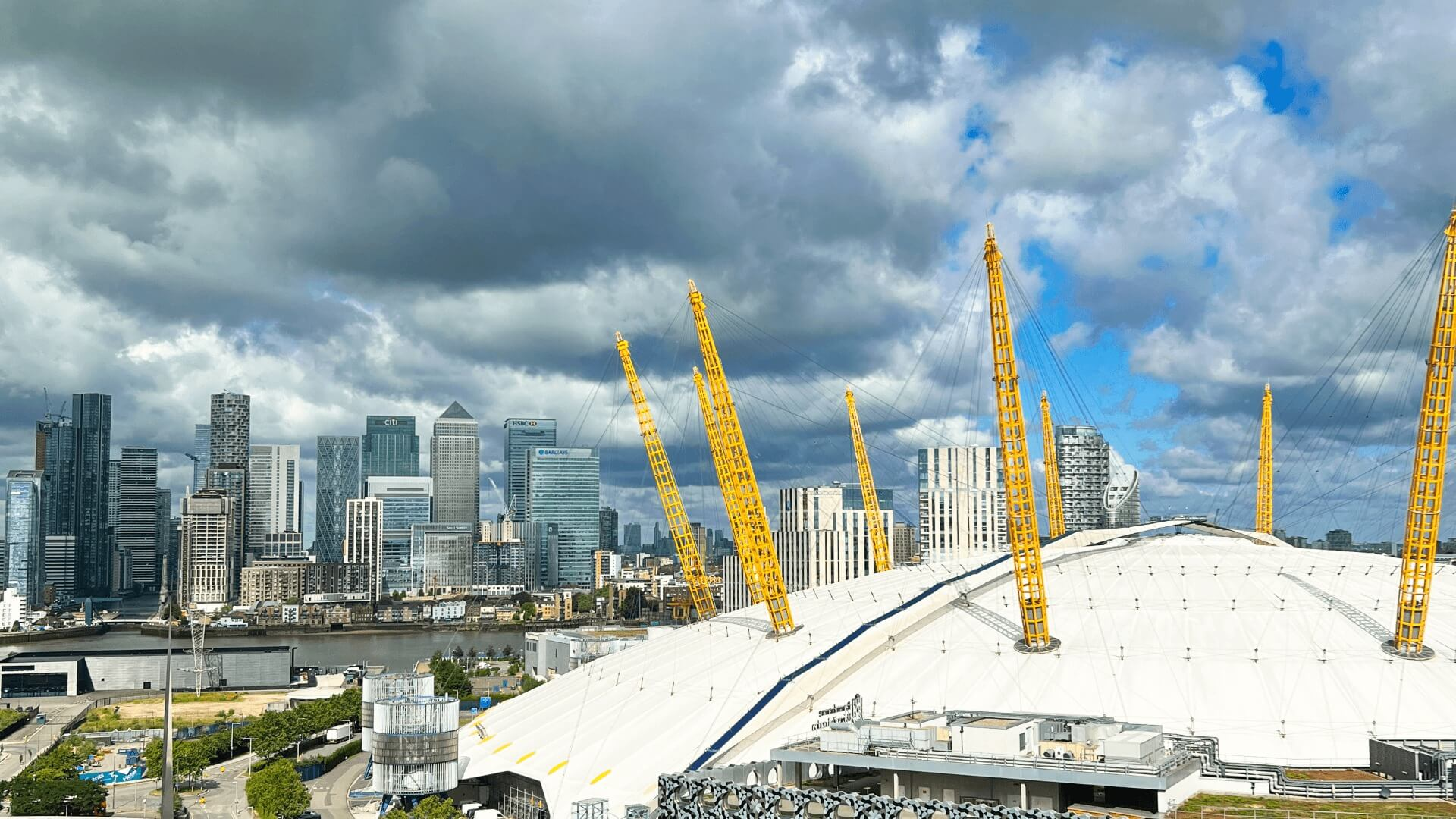A view of the O2, river Thames and Canary Wharf from the Escape Studios campus