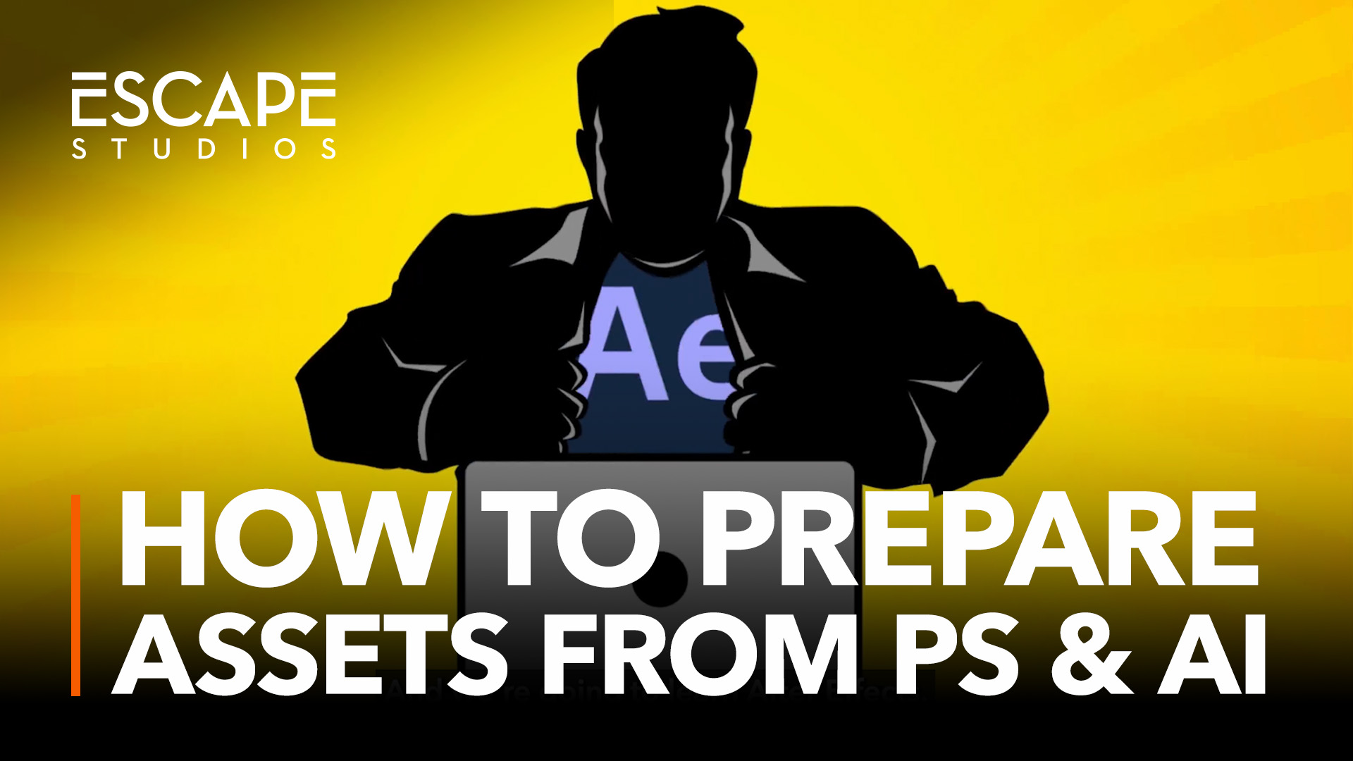 Cartoon of a man opening his shirt to reveal a branded T-shirt as if he's revealing a superhero outfit. Text reads How to prepare assets from PS & AI