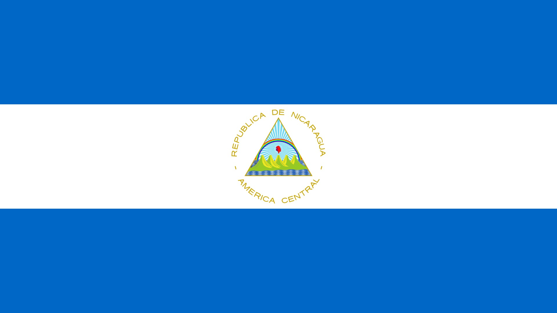 The flag of Nicaragua, featuring three horizontal stripes, blue-white-blue, with the national coat of arms centered on the white stripe.