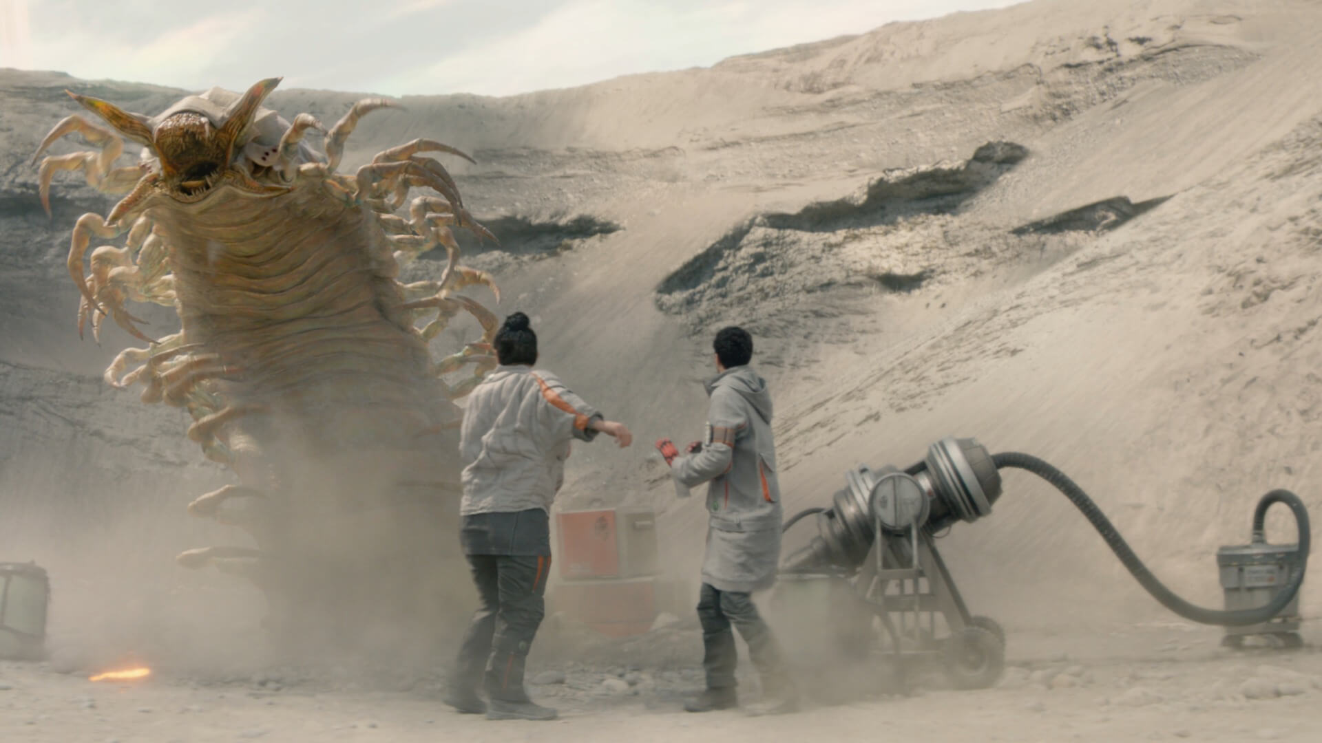 Scientists running away from scary giant insect on strange planet