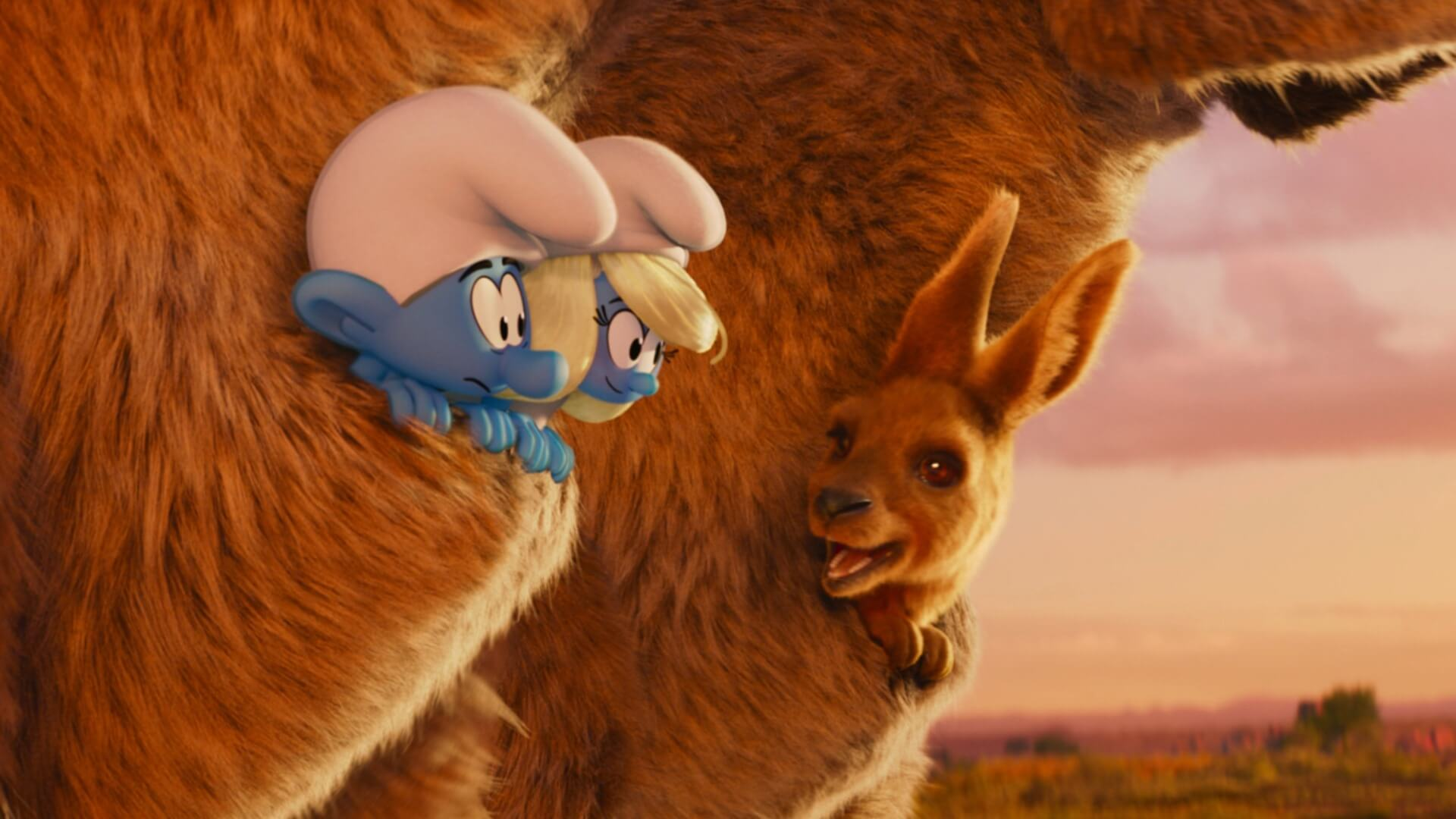 Two Smurfs hanging out in a kangaroo puch with a baby joey