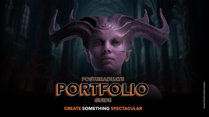 Student project work with text reading Postgraduate Portfolio Guide: Create Something Spectacular